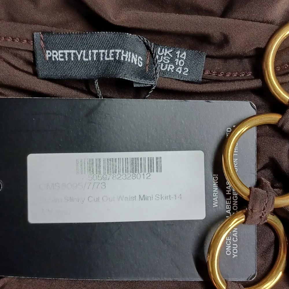PRETTY LITTLE THING Brown Slinky Gold Ring Cut Out Waist Mini Skirt 10 M NWT